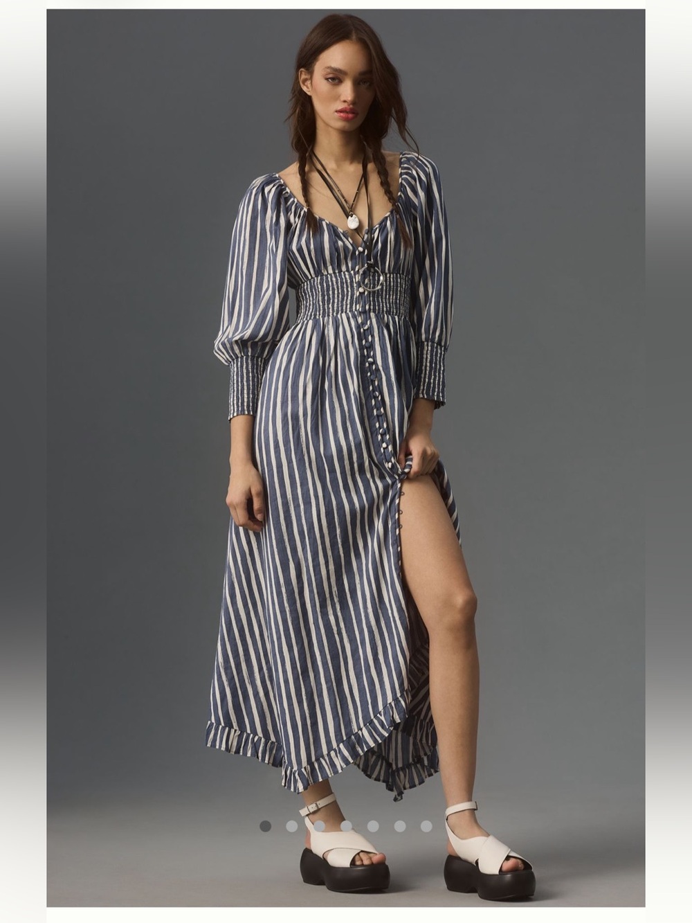 Anthropologie Navy and White Striped Puff-Sleeve Midi Dress - Picture 6 of 10